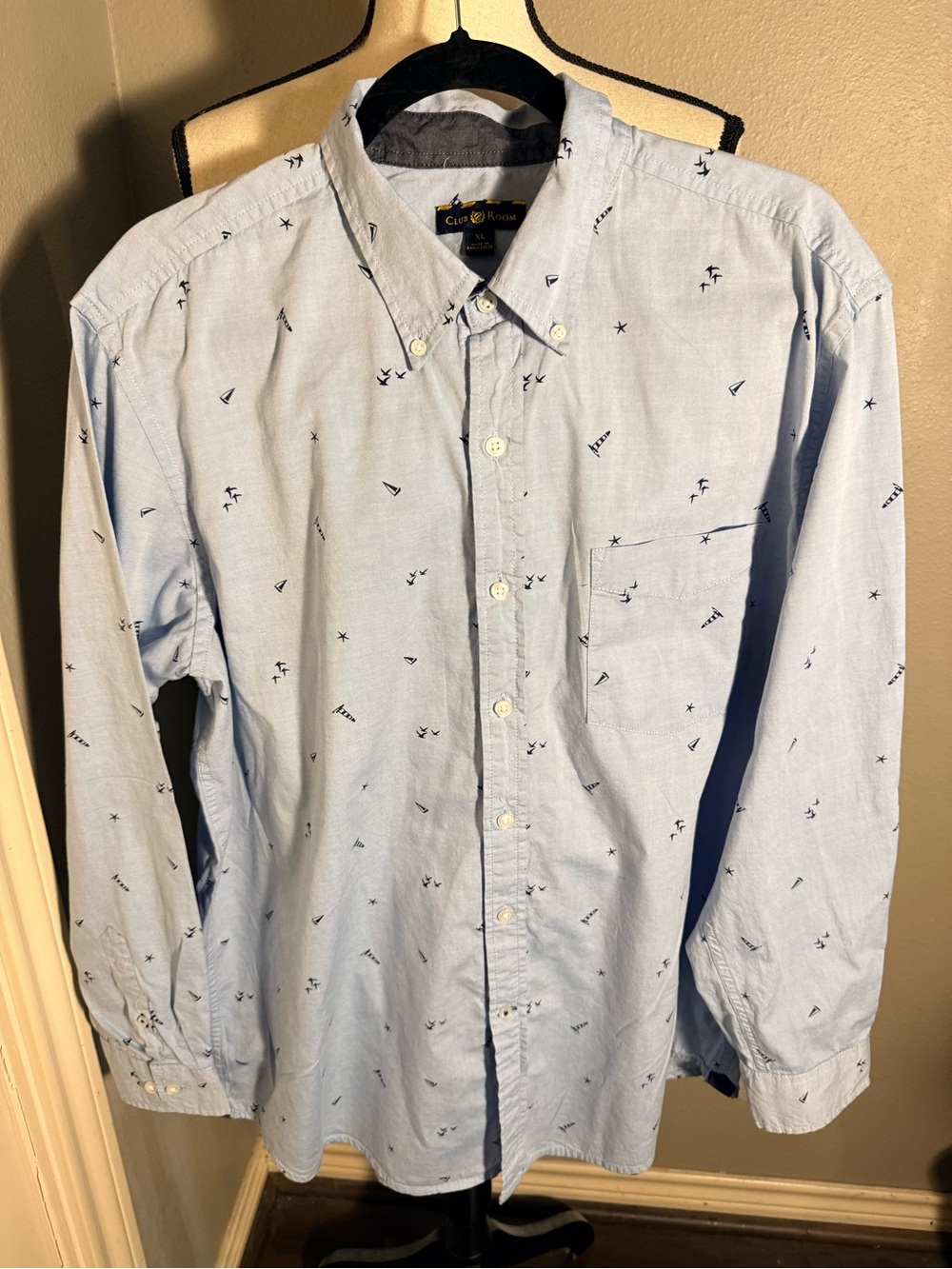 Club Room Light Blue Button-Down Shirt with Navy Micro Motif